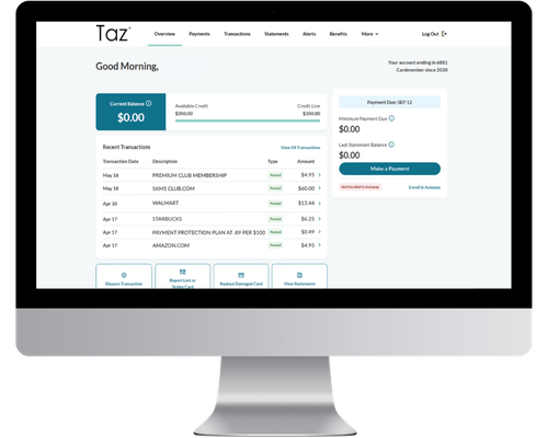 Taz credit card account management website.